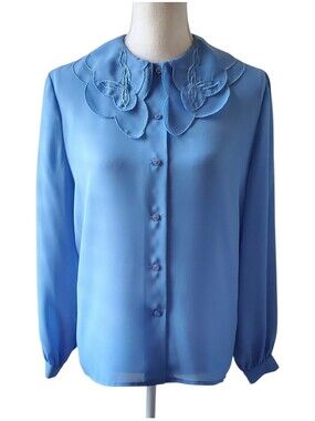Rhodes Collection Blue Vintage Blouse Embroidered Scalloped Collar Button Front
